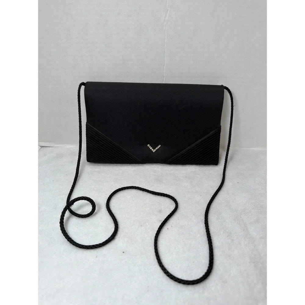 VTG 80s La Regale Ltd. Evening Clutch Womens OS Black‎ Satin Rhinestone Pleated